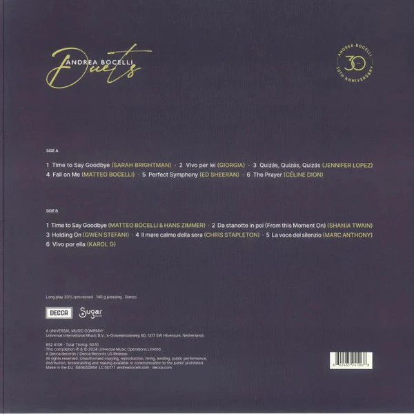 LP Andrea Bocelli – Duets – 30th Anniversary (The Highlights) - Image 2
