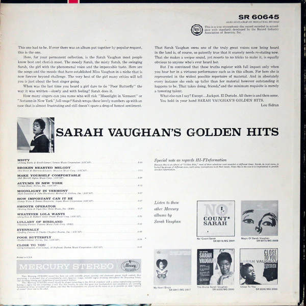 LP Sarah Vaughan ‎– Sarah Vaughan's Golden Hits - Image 2
